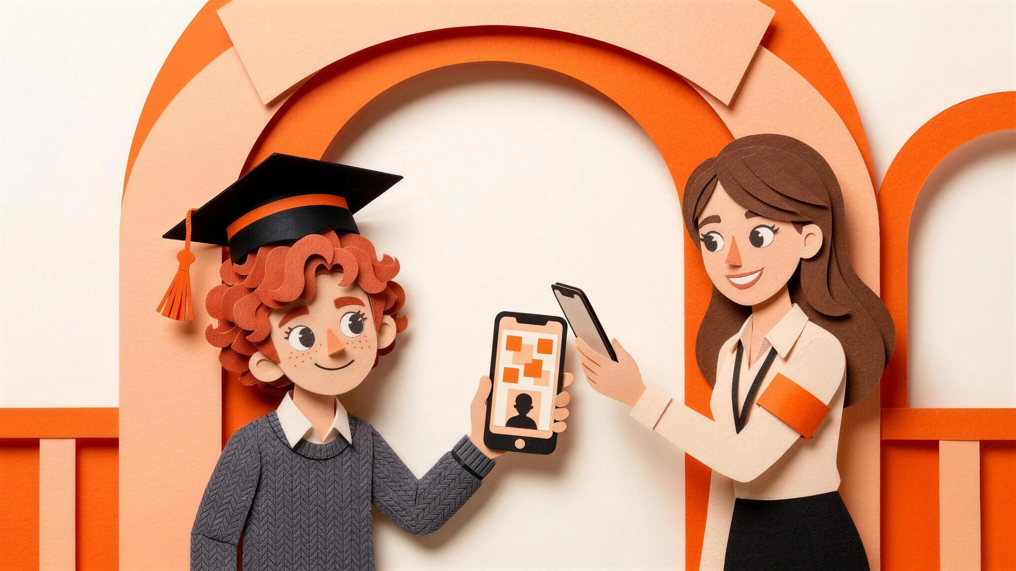 Léon, in cut paper, shows his phone screen to a student who scans it, under a campus archway.