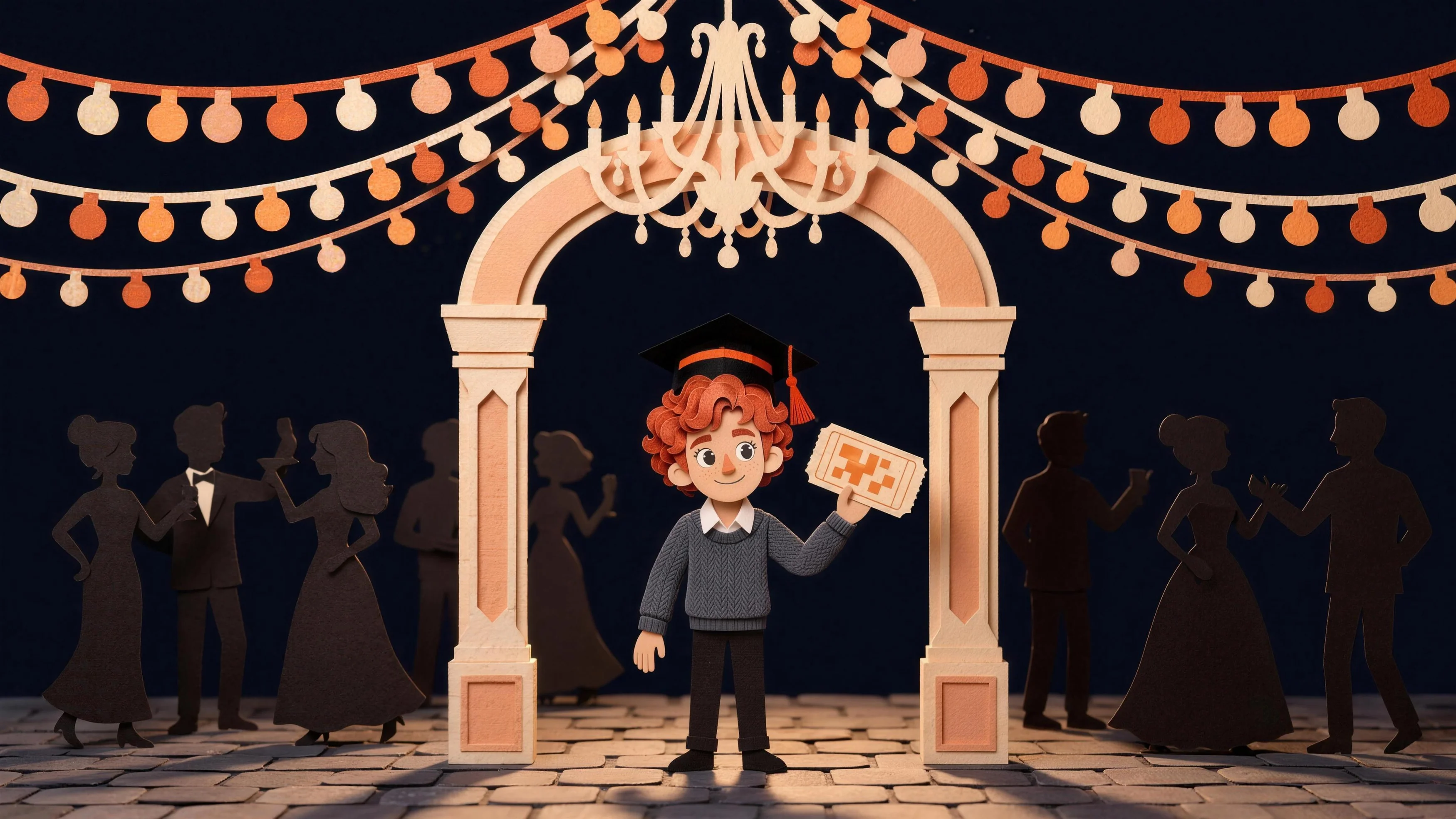 Léon, en papier découpé, brandit son billet à l'entrée d'un gala illuminé de guirlandes.