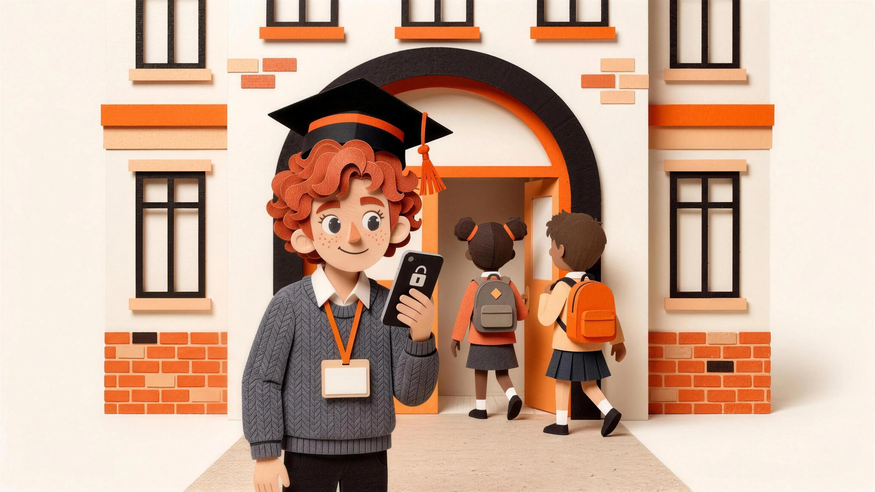 Léon, in cut paper, with a badge around his neck and a locked phone in hand, at the entrance of his school as two pupils walk in.