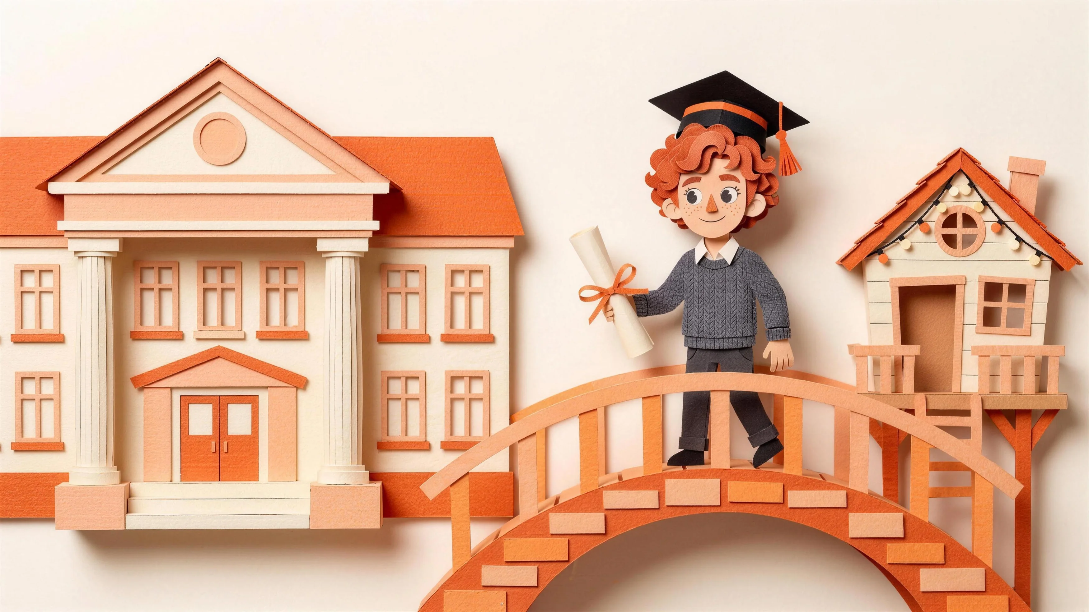 Léon, in paper cut-out, crosses a bridge linking the school to the association's clubhouse, a rolled-up agreement in hand.