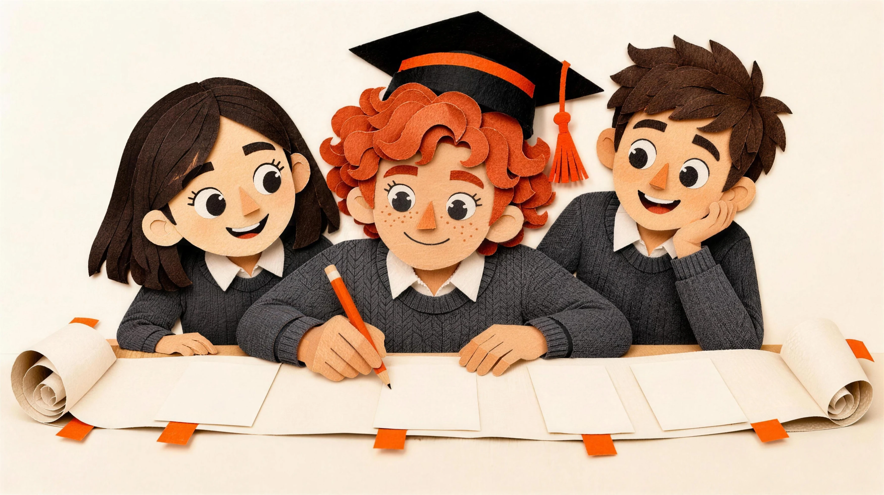 Léon, étudiant roux bouclé en pull gris à col blanc, en papier découpé, annote au crayon orange les articles d'un grand feuillet de statuts déroulé sur une table.