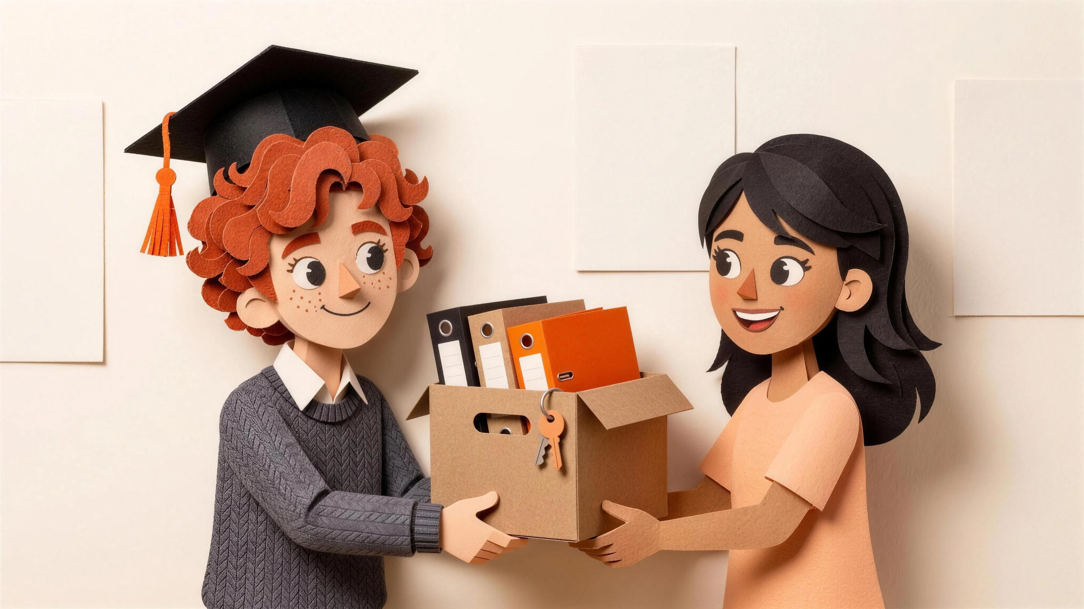 Léon, in cut paper, hands a student a box of binders and a set of keys: the board handover.