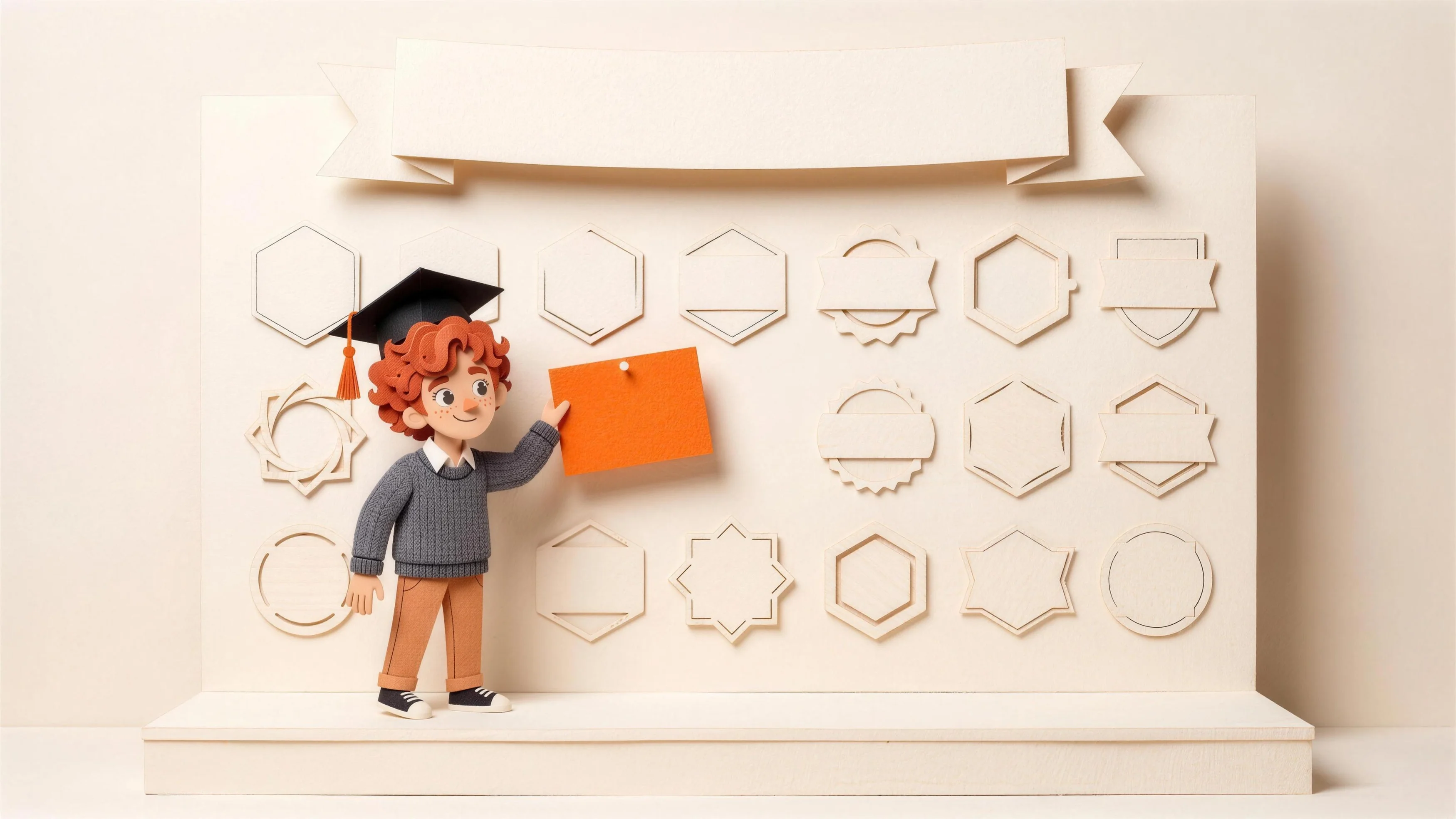 Léon, en papier découpé, épingle une carte orange sur le mur des partenaires d'un gala.