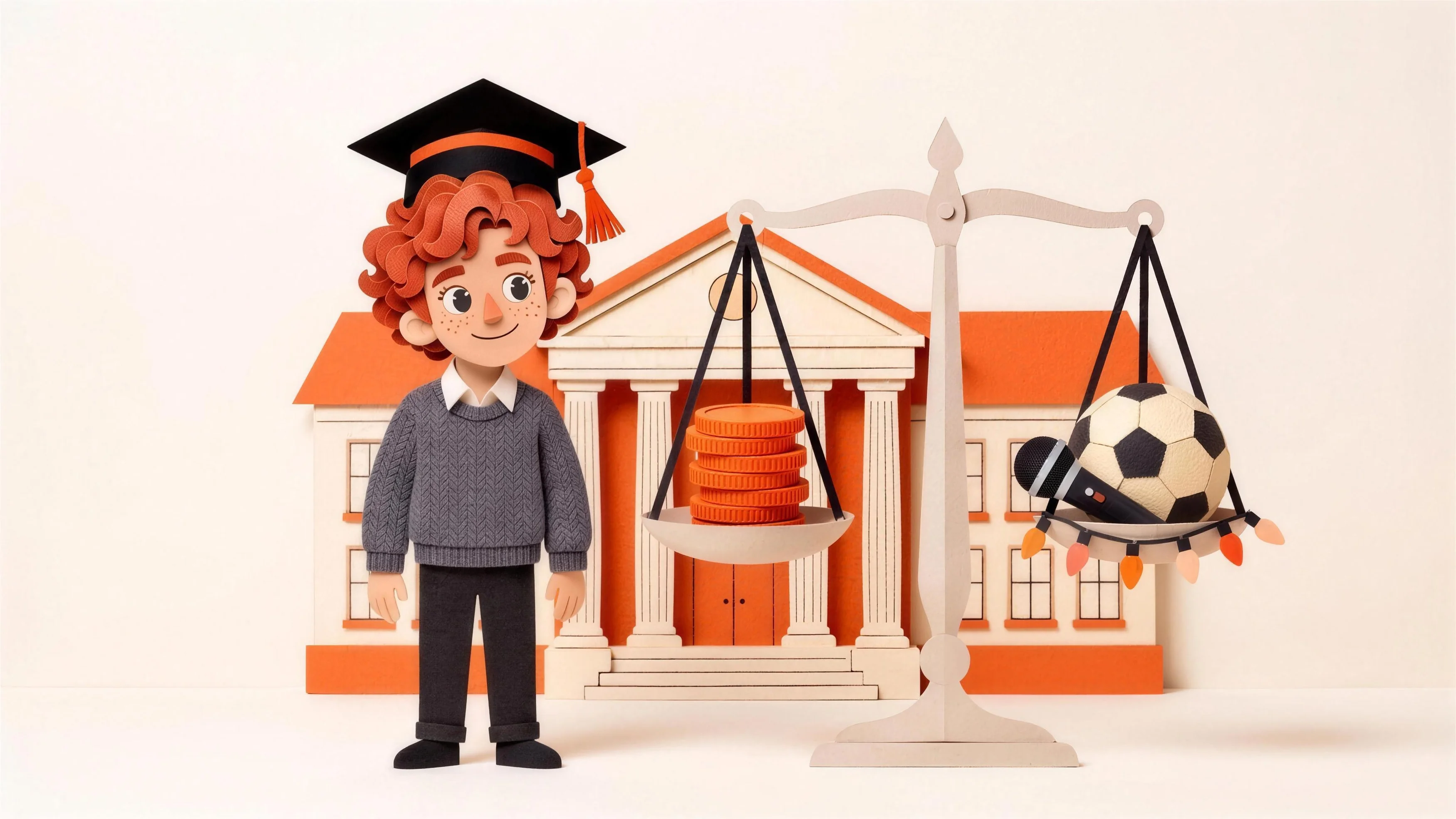 Léon, en papier découpé, à côté d'une balance où les pièces équilibrent les besoins d'un projet étudiant.